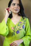 Parrot green Muslin kurti with hand work