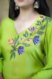 Parrot green Muslin kurti with hand work