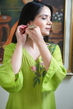 Parrot green Muslin kurti with hand work
