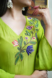 Parrot green Muslin kurti with hand work