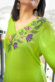 Parrot green Muslin kurti with hand work
