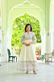 APNASA WOMEN FLORAL PRINTED WITH MIRROR WORK COTTON FIT AND FLARE MAXI DRESS