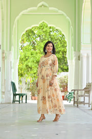 WOMEN FLORAL PRINTED WITH ZARI WORK COTTON FIT AND FLARE MAXI DRESS