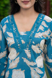 APNASA WOMEN AQUA BLUE FLORAL PRINTED ZARDOZI HANDWORKED KURTA SET
