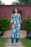 APNASA WOMEN AQUA BLUE FLORAL PRINTED ZARDOZI HANDWORKED KURTA SET
