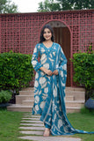 APNASA WOMEN AQUA BLUE FLORAL PRINTED ZARDOZI HANDWORKED KURTA SET