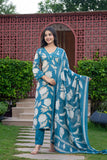 APNASA WOMEN AQUA BLUE FLORAL PRINTED ZARDOZI HANDWORKED KURTA SET