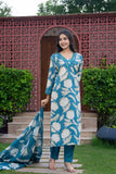 APNASA WOMEN AQUA BLUE FLORAL PRINTED ZARDOZI HANDWORKED KURTA SET