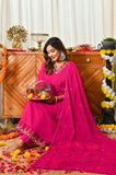 APNASA Pink Blossom Embroidered Kurta Set with Dupatta