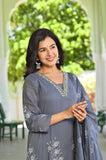 APNASA Moonlit Grey Embroidered Cotton Kurta Set
