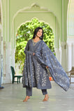 APNASA Moonlit Grey Embroidered Cotton Kurta Set