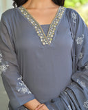 APNASA Moonlit Grey Embroidered Cotton Kurta Set